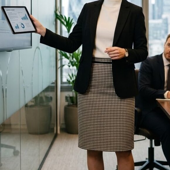 Harold's Dresses & Skirts - HAROLDS Siz 8 100% Wool Herringbone Skirt Black White Lined Academia Luxury Chic